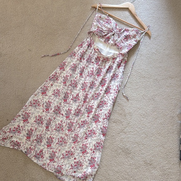 WAYF Dress Halter Top Midi Length Cut Out Abdomen Pink White Floral Tie Neck - Picture 3 of 16